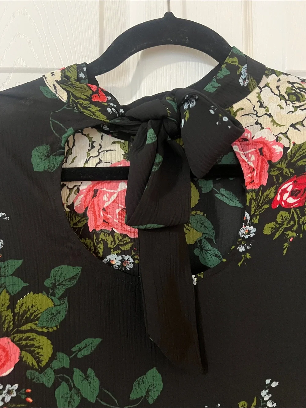 LOFT Black Floral High-Neck Long-Sleeve Blouse with Pink and Cream Roses